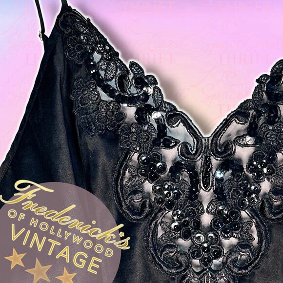 Frederick’s Black Satin Beaded Mesh Slip Dress 90s - XS/S - Picture 2 of 7